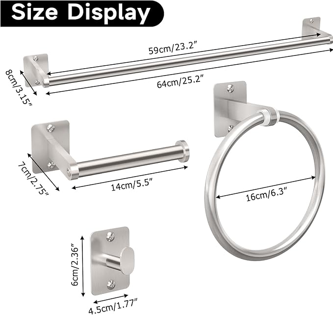 Brushed Nickel Bathroom Accessories Set, KLJKPA 4 Pieces Bathroom Hardware Set, 24 inch Towel Bar, Towel Racks for Bathroom, Robe Towel Hooks, Toilet Paper Holder Wall Mounted - Image 7