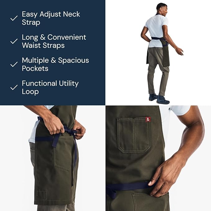 hedley & bennett Essential Apron - Professional Chef Apron with Pockets & Adjustable Bib Strap for Cooking & Grilling