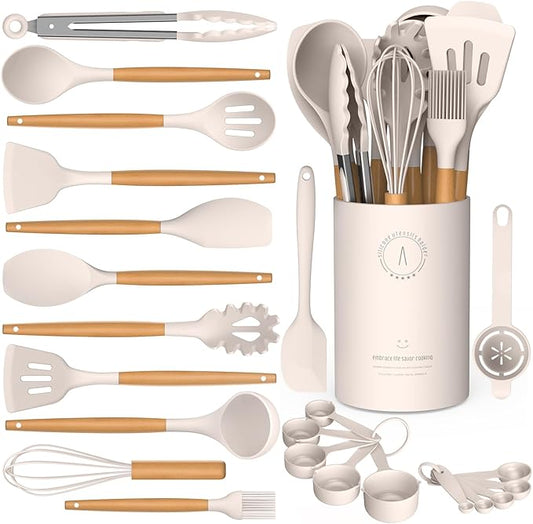 Silicone Cooking Utensils Set - AVGPD Silicone Kitchen Utensils for Cooking Wooden Handles, 446°F Heat Resistant Kitchen Utensil Spatula Sets w Holder, Gadgets for Non-Stick Cookware BPA FREE (Khaki) by AVGPD