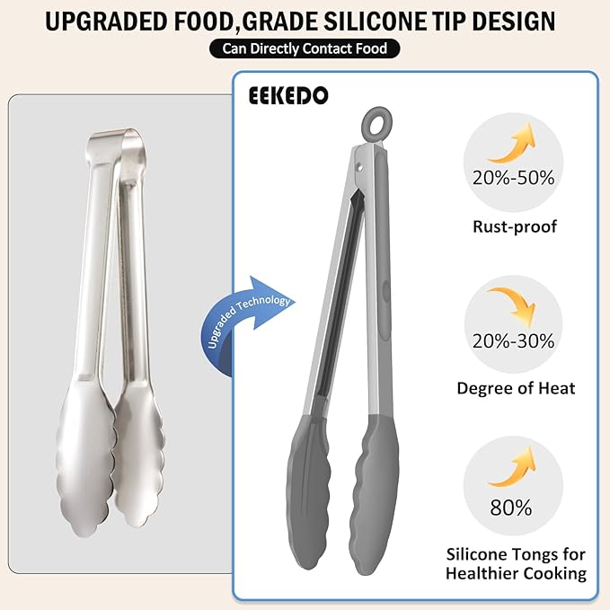 Kitchen Tongs, Stainless Steel Cooking Tongs with Silicone Tips, 600ºF High Heat-Resistant Non Scratch Locking Tongs for Cooking BBQ Grilling Air Fryer Pans, Set of 3(7" 9" and 12") Light Grey - Image 3