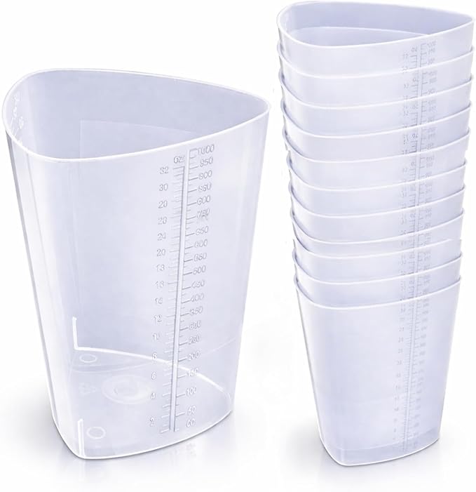 Plastic Graduated Triangular Intake Output Container [30 Pack] 32 oz Three-Sided Translucent Laboratory Beaker for Measuring and Mixing - Clear Markings in oz and cc - for Specimen, Paint and Epoxy