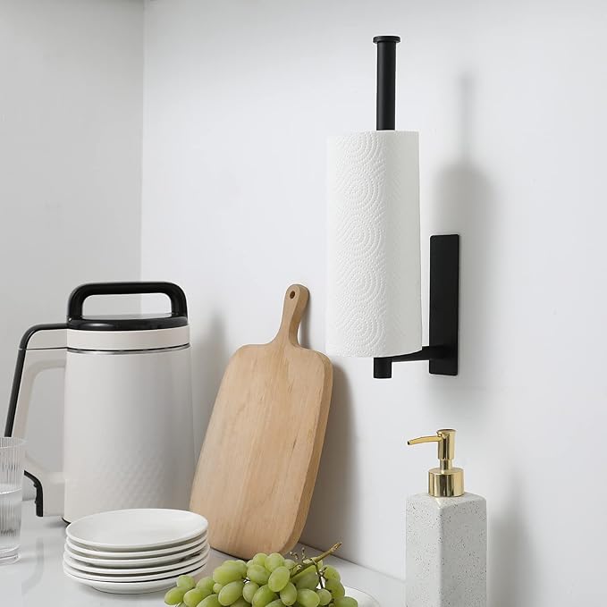 theaoo Paper Towel Holder - Under Cabinet Paper Towel Holder for Kitchen, Adhesive Paper Towel Roll Rack for Bathroom Towel, Wall Mounted Matte Black Paper Towel Rack, SUS304 Stainless Steel(1, Black) - Image 3