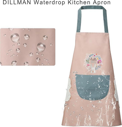 DILLMAN Women Kitchen Apron with Hand Wipe Pockets，Big Pocket,Hand-wiping, Waterproof for Cooking Baking