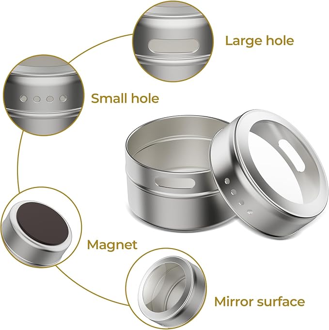 Vetacsion Set of 16 Magnetic Spice Tins with 4 Metal Wall-Plates,100 Preprinted Seasoning Label Stickers,2 Styles for 3 oz Herb Jars - Image 3