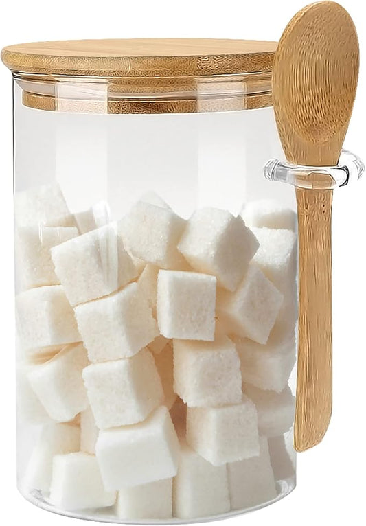 Glass Sugar Container with Spoon - 1 Pack 15oz Glass Jars with Bamboo Lid and Spoon, Bamboo Lid Storage Jar Containers for Coffee Beans, Spice, Brown Sugar, Tea, Flour, Nuts, Candy, Salts and More by OneDream