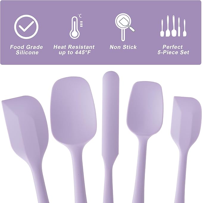 Silicone Spatula Set, 5 Piece Food Grade Rubber Spatulas for Baking, Cooking, and Mixing High Heat Resistant Non Stick Dishwasher Safe BPA-Free (Lavender) - Image 3