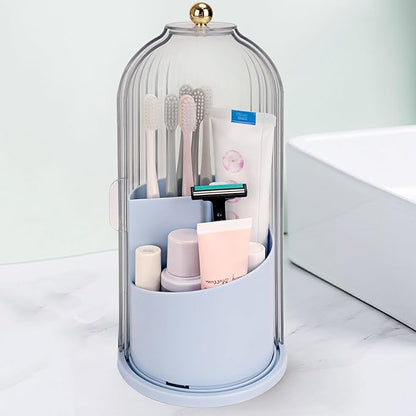 QIYVLOS Toothbrush Holders with Sliding Lid, Rotating 3 Slots Bathroom Organizer Countertop, Tooth Brush Toothpaste Holder Bathroom Counter Stand Sink Organizer Caddy for Makeup Brushes Holder (Blue) by QIYVLOS