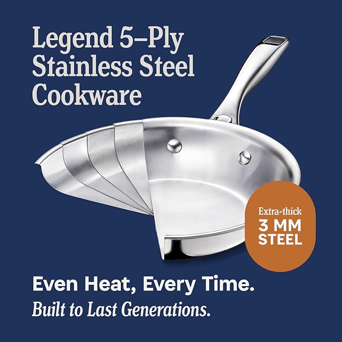 LEGEND COOKWARE 5-Ply Stainless Steel 10-Quart Stock Pot with Lid - Induction Compatible, Oven Safe 800°F - Non-Toxic, No Coatings - Even Heating, Won't Warp - Built to Last Generations