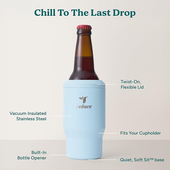 Reduce 4-in-1 Drink Cooler - Versatile Can & Bottle Holder with Vacuum Insulation - Keeps Drinks Cold Up to 4 Hours - Includes Bottle Opener - Fits Cupholders & Dishwasher Safe - 14oz - Cloud Blue