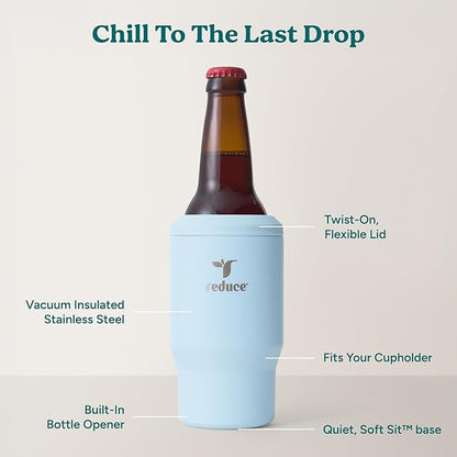 Reduce 4-in-1 Drink Cooler - Versatile Can & Bottle Holder with Vacuum Insulation - Keeps Drinks Cold Up to 4 Hours - Includes Bottle Opener - Fits Cupholders & Dishwasher Safe - 14oz - Cloud Blue
