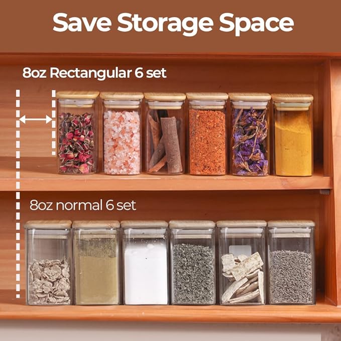 Comsaf Spice Jars with Label，8 oz Small Glass Jars with Lids, 6 Pcs Seasoning Containers, Rectangle Glass Containers with Lids, Empty Seasoning Jars for Pantry Storage, Loose Tea, Herbs, Powders, Salt - Image 4