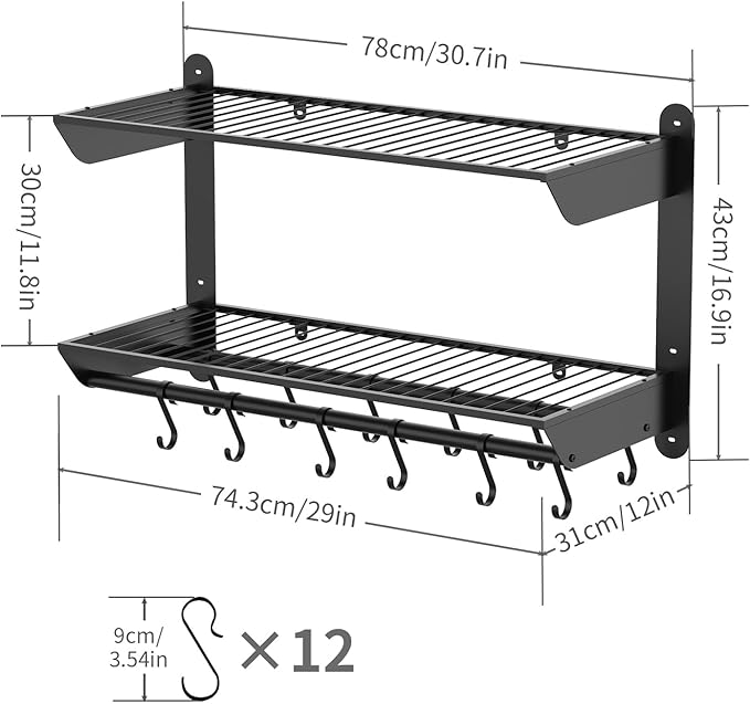 Taozun Pot Rack Wall Mounted 30 Inch, 2-Tier Heavy Duty Pot and Pan Hanging with 12 Hooks, Kitchen Cookware & Utensils Storage Hanger