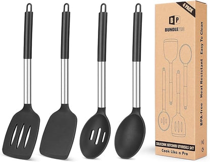 Pack of 4 Silicone Cooking Utensils Set, Non Stick Large Solid Spatulas, Heat Resistant Black Slotted Spoons, Ideal BPA Free Kitchen Turners for Frying, Mixing,Serving,Draining,Turning,Stirring by BUNDLEPRO