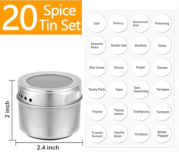Bekith 20 Pack Magnetic Spice Jars, Magnetic Spice Containers for Refrigerator, Seasoning Tins with Clear Top Lid, 240 PVC Spice Label Set - Image 2