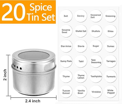 Bekith 20 Pack Magnetic Spice Jars, Magnetic Spice Containers for Refrigerator, Seasoning Tins with Clear Top Lid, 240 PVC Spice Label Set - Image 2