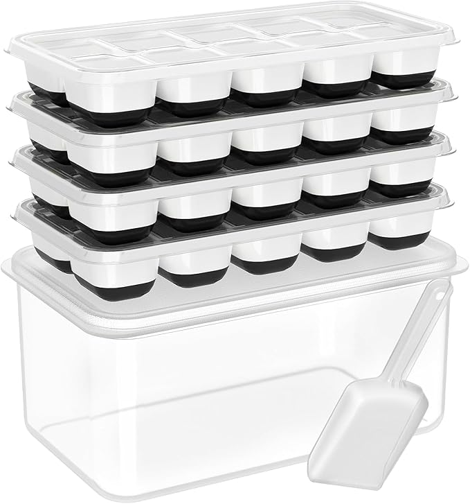DOQAUS Ice Cube Tray with Lid and Bin - 4 Pack Silicone Ice Cube Trays for Freezer, Stackable Ice Bucket Kits with Storage Container & Scoop for Kitchen, RV, Cocktail, Coffee by DOQAUS