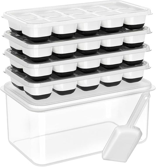 DOQAUS Ice Cube Tray with Lid and Bin - 4 Pack Silicone Ice Cube Trays for Freezer, Stackable Ice Bucket Kits with Storage Container & Scoop for Kitchen, RV, Cocktail, Coffee by DOQAUS
