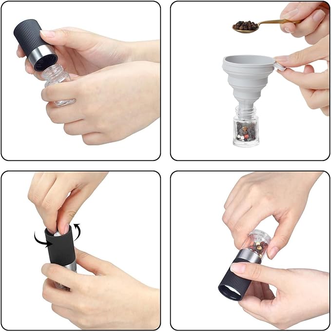 VEVOK CHEF Mini Salt and Pepper Grinder set with 2 Small Salt and Pepper Shakers Portable Cute Tiny Spice Grinder Pepper Mill Salt Grinder for Travel, Work, Camping, Party, School, Lunch Box