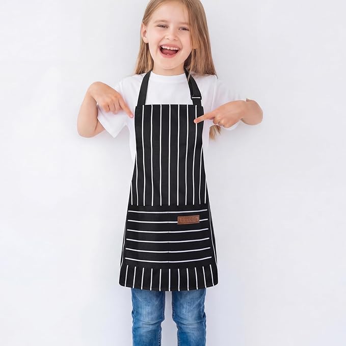 2 Pack Stripes Kids Apron, Kids Cooking Aprons with 2 Pockets, Cute Aprons for Cooking for Boys and Girls