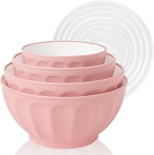BoxedHome Mixing Bowls with Lids Set, 4PK Large 0.2” Thick Plastic Nesting Mixing Bowl, Microwave Safe,Size 1.37,2.32,3.8 and 5.07qt, Pink by BoxedHomeProducts