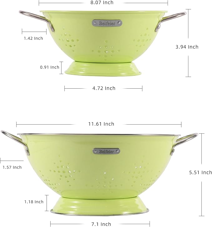 Metal Colander 2 Pack, Strainer Bowel with Handles 2Qt & 6Qt Powder Coated Solid Ring Base Heavey Duty Kitchen Drainer Basket for Pasta Veggies and Fruits,New Home Apartment Essentials (LightGreen) - Image 2