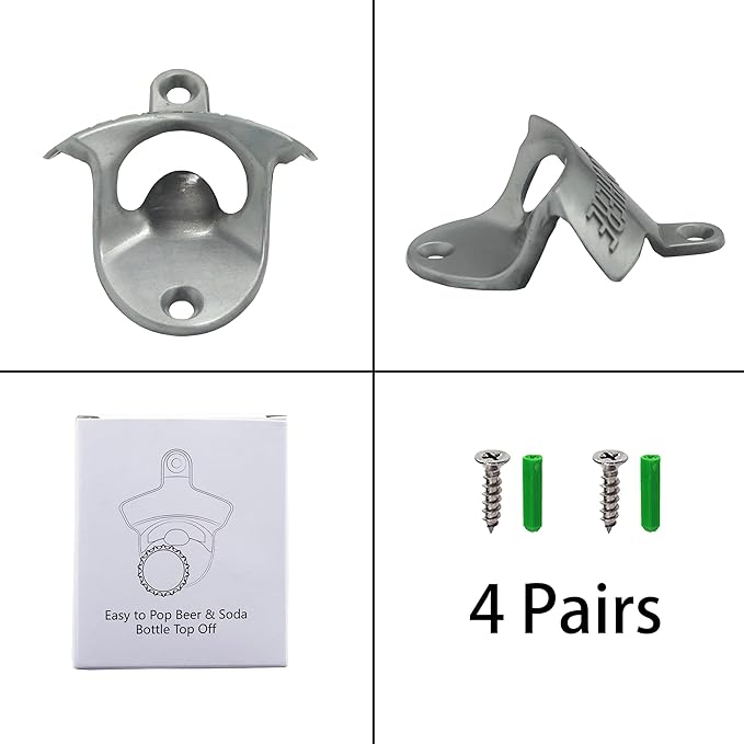4 PCS Bottle Opener Wall Mounted Stainless, Antique Silver Rust-free Screw in Wall Beer Cap Bottle Opener Outdoor for Post Kitchen Cupboard - Image 4