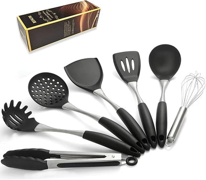 Premium Black Silicone Cooking Utensils Set - Non-Toxic, Heat Resistant& Non-Stick Kitchen Utensils Set with Spatula, Spoon, Whisk, Tongs, BPA Free, Dishwasher Safe, Black by Unknown