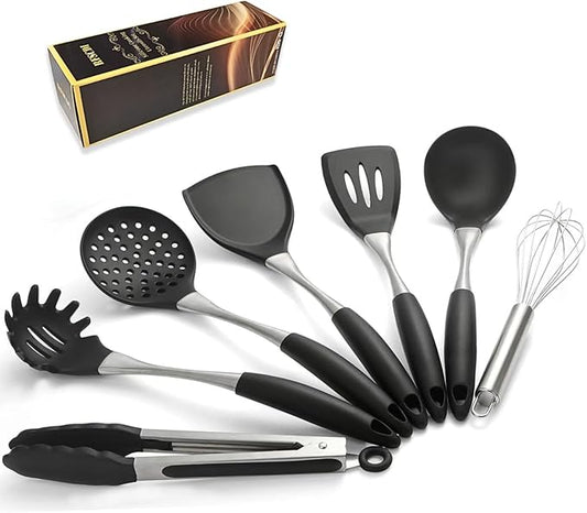 Premium Black Silicone Cooking Utensils Set - Non-Toxic, Heat Resistant& Non-Stick Kitchen Utensils Set with Spatula, Spoon, Whisk, Tongs, BPA Free, Dishwasher Safe, Black by Unknown