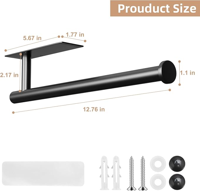 Paper Towel Holder, Improved Premium Paper Towel Holder Under Cabinet, Stainless Steel Paper Towel Holders Rack for Kitchen, Bathroom, Pantry, Fridge, Adhesive or Drilling, Black - Image 4