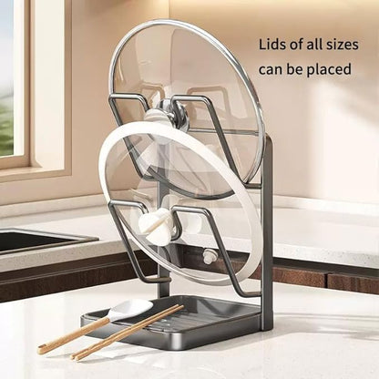 Kitchen Pot Lid Storage Rack,Thickened Carbon Steel Material Pot Lid Holder While Cooking, Lid And Spoon Rest,Multifunctional Kitchen Pot Cover Organizer,With Removable Drip Tray.(Gray,Double)