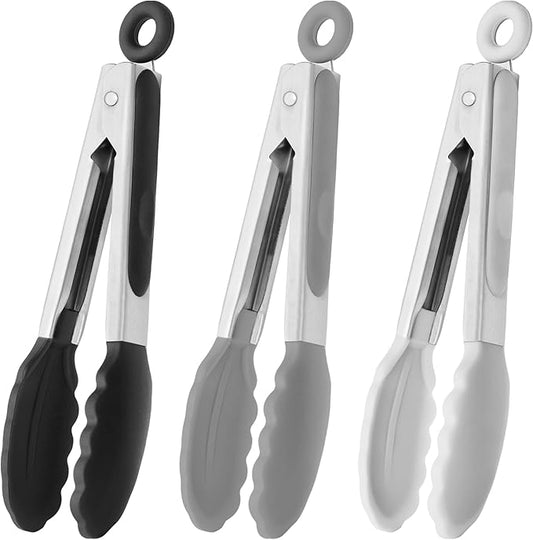 HINMAY Small Silicone Tongs 7-Inch Mini Serving Tongs, Set of 3 (Black Gray White) by HINMAY