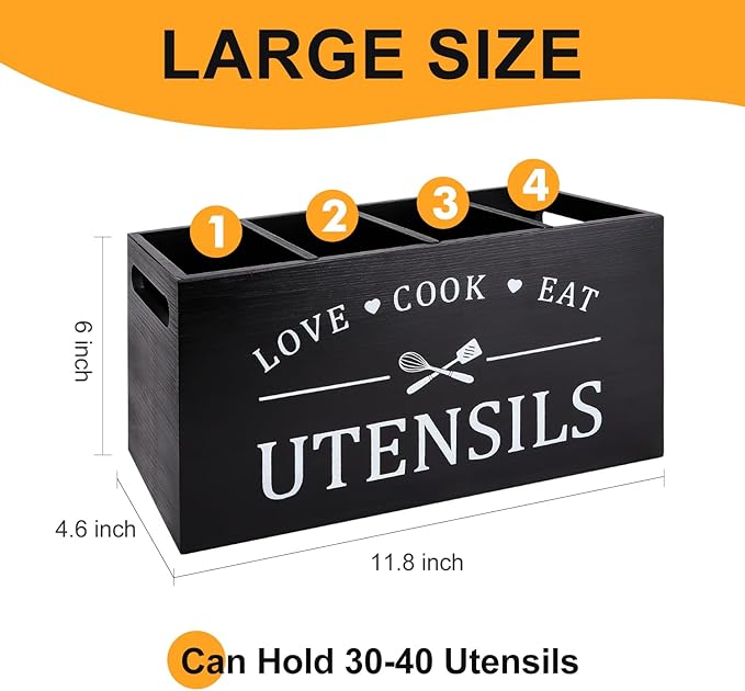 Black Farmhouse Utensil Holder for Kitchen Counter Extra Large Cooking Utensil Holder Caddy Utensils Storage Organizer for Countertop Rustic Wood Kitchen Tool Decor Utensil Crock Spatula Holder - Image 6