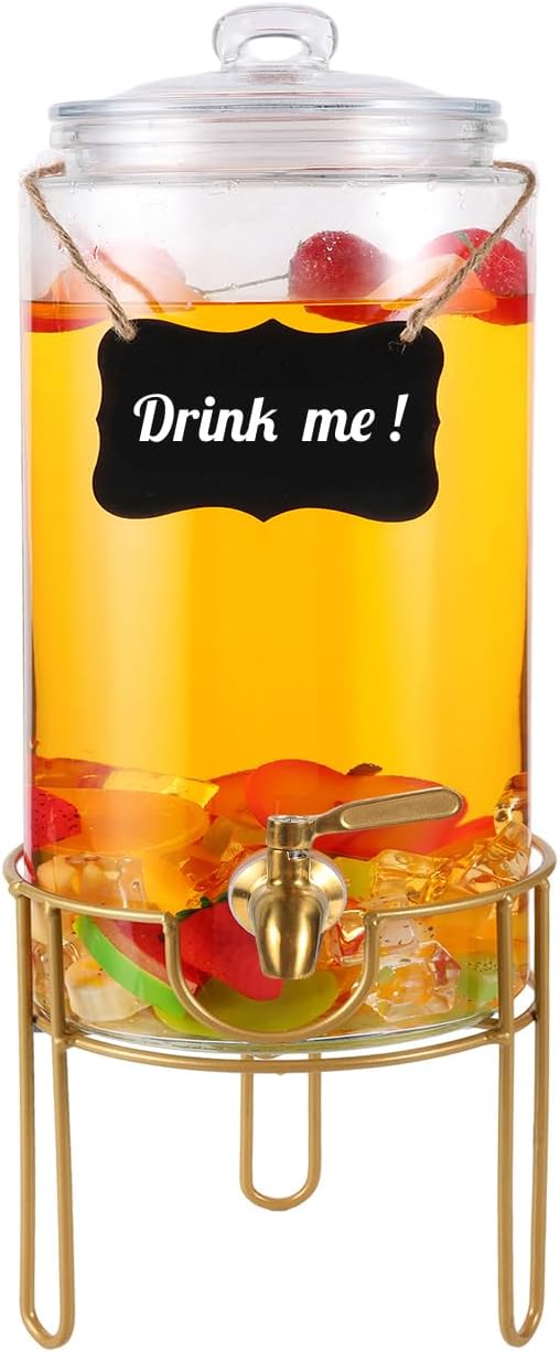 Drink Dispensers for Parties 1 Gallon, Bevarage Dispenser with Stand,Glass Drink Dispenser With Stainless Steel Spigot + Marker & Chalkboard, Ideal for Lemonade,Juice, Tea, and Party Drinks by FUREEY