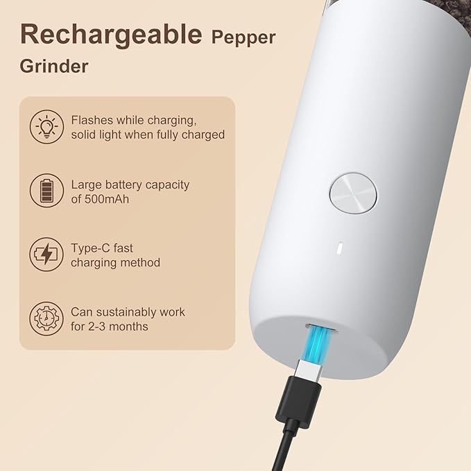 Ultrean Electric Pepper Grinder, Rechargeable Salt and Pepper Grinder with 6 Adjustable Coarseness, LED Light, Automatic Grinder for Kitchen, Kitchen Gadget & Housewarming Gifts, White - Image 4
