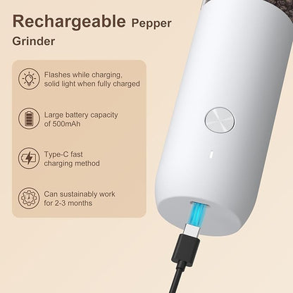 Ultrean Electric Pepper Grinder, Rechargeable Salt and Pepper Grinder with 6 Adjustable Coarseness, LED Light, Automatic Grinder for Kitchen, Kitchen Gadget & Housewarming Gifts, White - Image 4