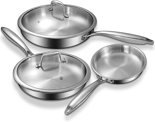 Tri-Ply Stainless Steel Frying Pans Set with Lid, EWFEN 8”/10”/12” Cooking pans, PFOA&PTFE Free Skillet, Induction Cooking Pan, Dishwasher and Oven Safe, Fast & Even Heat, Suitable for All Stove by EWFEN