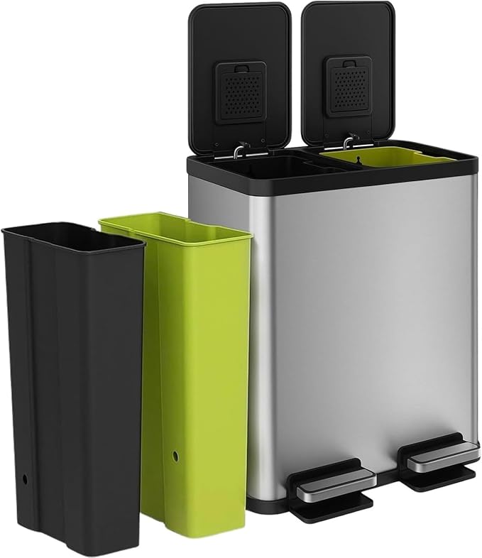 Simpli-Magic 16 Gallon (30L x 30L) Dual Compartment Step Trash Can – Kitchen Garbage Can with Slow-Close Lids – Waste & Recycling Bins, Odor Control, Hands-Free, Easy to Clean, Stainless Steel by Simpli-Magic