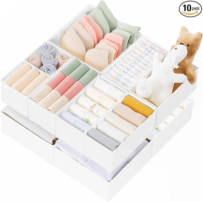Criusia Drawer Organizer Clothes, 10 Pack Dresser Organizer for Baby Clothes, Underwear, Sock- Foldable Closet Organization and Storage Dividers Bins for Nursery, Bedroom (White) by Criusia