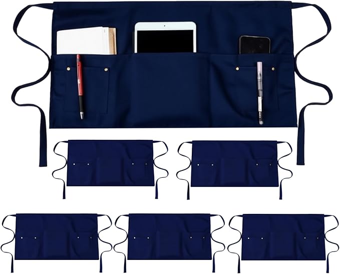 TiwerlfeServer Waist Aprons with 5 Pockets - 11.5 Inch Waterdrop & Oil Resistant Waitress Waiter Half Apron