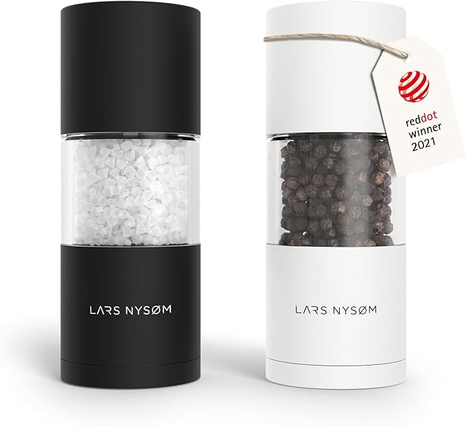 LARS NYSØM Salt and Pepper Grinder Set, Manual Salt and Pepper Mills with Adjustable Ceramic Grinder, Design Spice Shaker Set (Black/White) by LN