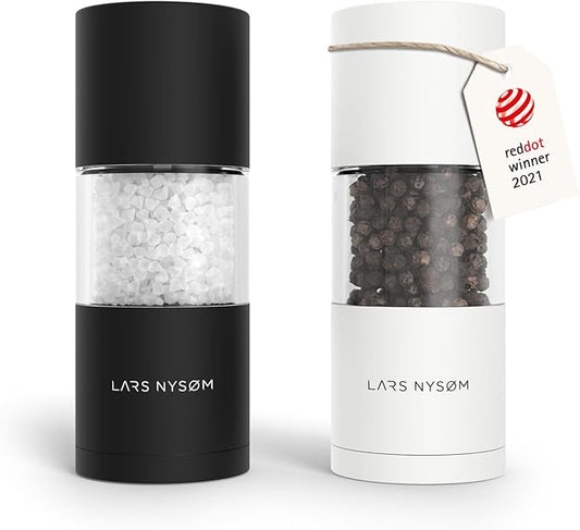 LARS NYSØM Salt and Pepper Grinder Set, Manual Salt and Pepper Mills with Adjustable Ceramic Grinder, Design Spice Shaker Set (Black/White) by LN