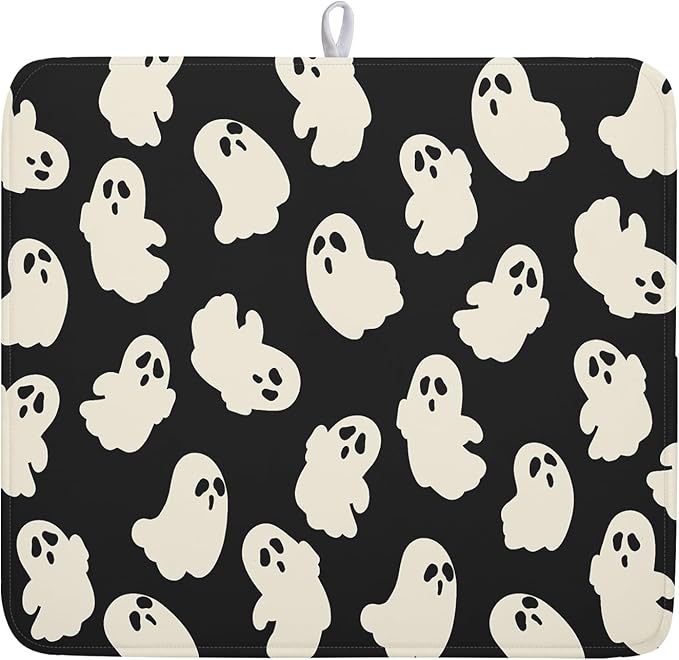 Halloween Ghost Dish Drying Mat 16X18 Inch Spooky Halloween Drying Mat for Kitchen Counter Black White Absorbent Microfiber Reversible Dishes Pad Dish Drainer Mat for Halloween Kitchen Accessories