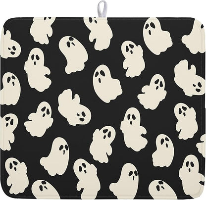 Halloween Ghost Dish Drying Mat 16X18 Inch Spooky Halloween Drying Mat for Kitchen Counter Black White Absorbent Microfiber Reversible Dishes Pad Dish Drainer Mat for Halloween Kitchen Accessories
