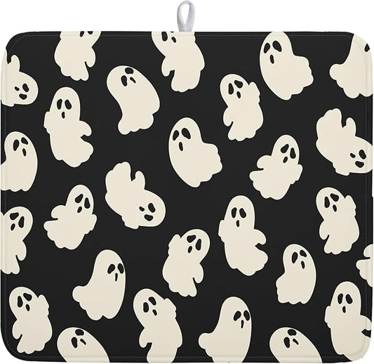 Halloween Ghost Dish Drying Mat 16X18 Inch Spooky Halloween Drying Mat for Kitchen Counter Black White Absorbent Microfiber Reversible Dishes Pad Dish Drainer Mat for Halloween Kitchen Accessories