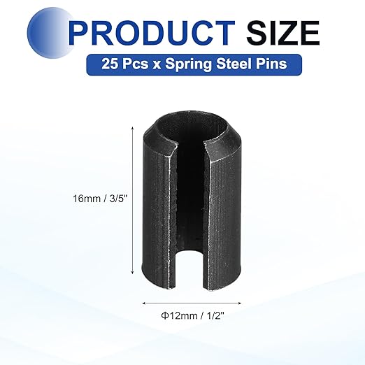 MECCANIXITY 25Pcs Slotted Split Roll Pins 1/2 Inch(12mm) Dia. 3/5 Inch(16mm) Length 65Mn Steel Spring Tension Expansion Dowels for Secure Fastening, Black
