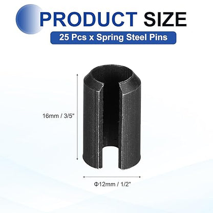 MECCANIXITY 25Pcs Slotted Split Roll Pins 1/2 Inch(12mm) Dia. 3/5 Inch(16mm) Length 65Mn Steel Spring Tension Expansion Dowels for Secure Fastening, Black