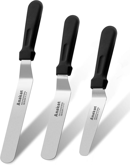 Anaeat Icing Spatulas, Set of 3 Professional Cake Angled Offset Spatula with 4", 6", 8" Stainless Steel Blades - Thickened Frosting Knife with Plastic Handle for Cake Decorating, Pastry & Baking by Anaeat