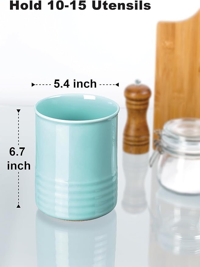 ABRUTY Utensil Holder, 6.7" Ceramic Kitchen Utensil Crock for Countertop Cooking, Modern Utensil Caddy Jar Organizer for Farmhouse Kitchen Counter Décor, Turquoise - Image 2