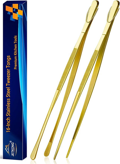 JETKONG 2 Pcs 16-Inch Heavy Duty Cooking Tweezers Extra Large Stainless Steel Food Tweezers Gaint Kitchen Tweezer Tongs (Gold) by JETKONG