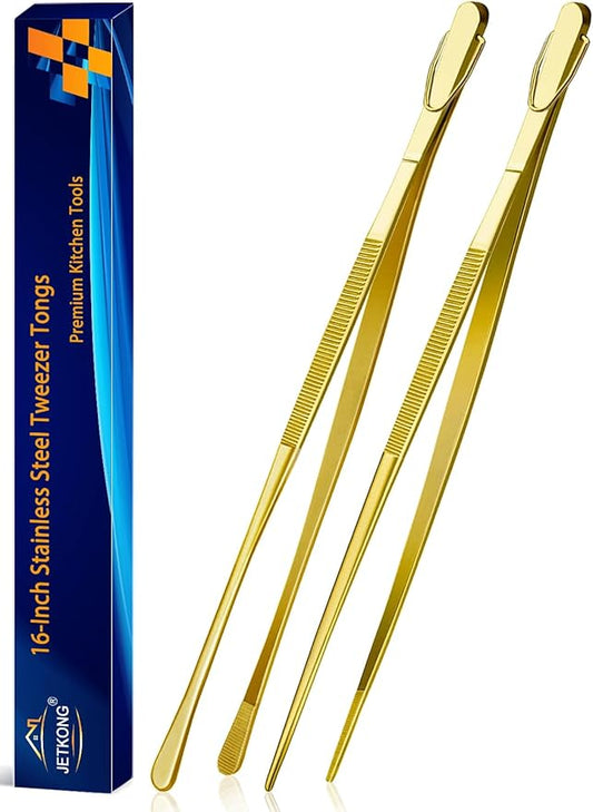 JETKONG 2 Pcs 16-Inch Heavy Duty Cooking Tweezers Extra Large Stainless Steel Food Tweezers Gaint Kitchen Tweezer Tongs (Gold) by JETKONG